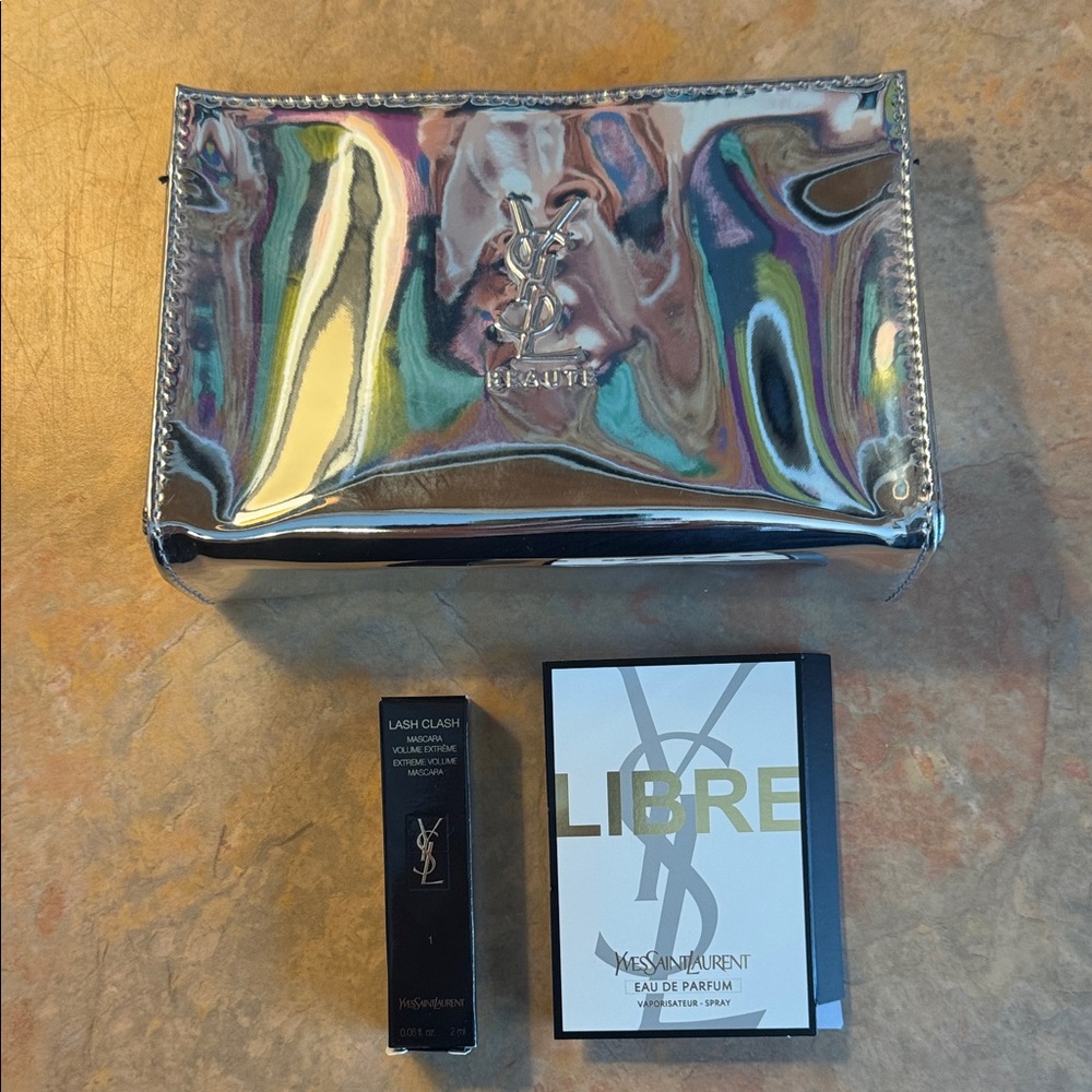 Yves Saint Laurent Shiny Silver Beauty Pouch Set with Perfume and Mascara